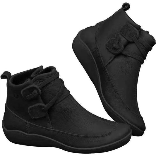 Women Autumn and Winter Shoes Boots Flats Lace-Up Solid Color Pu Ankle Boots Vintage Cut-Out Waterproof Warm Short Booties