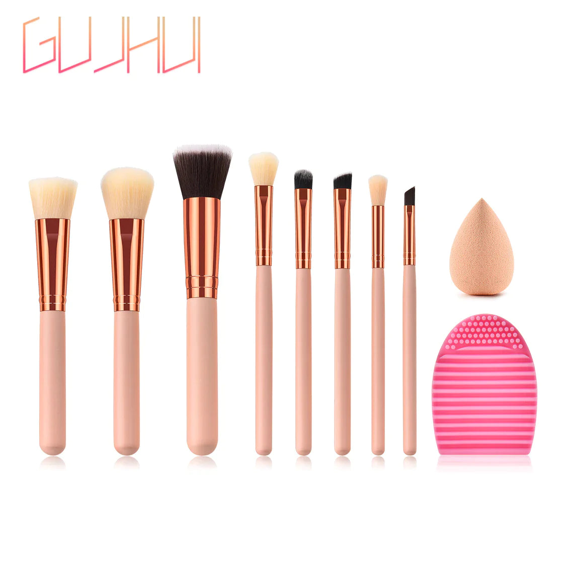 8 Makeup Brushes Beauty Tools Pink Gold Waterdrop Powder Puff Cleaning Egg Set GUJHUI