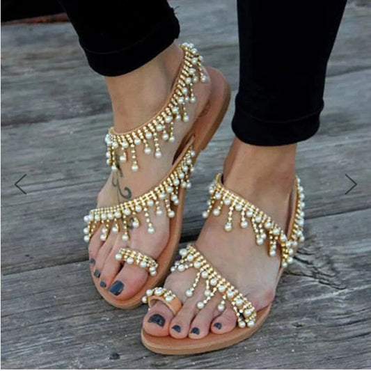 Sytaun Plus Size Women Rhinestone Faux Pearl Tassel Shoes Summer Clip Toe Flat Sandal Fashion Retro Women's Sandals