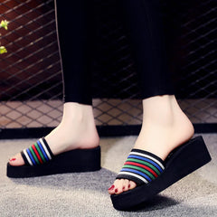 Candy Color Striped Mid Heel Slope Slippers