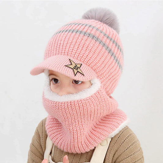 Thick Knitted Acrylic Winter Beanie Hats For Kids Child Outdoor Warm Balaclava Cap Girls Boys Bib Mask Face Cover Hairball Hat