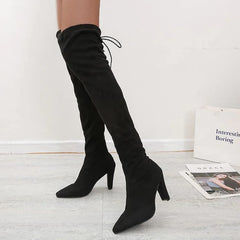 Sexy Party Boots Fashion Suede Leather Shoes Women Over the Knee Heels Boots Stretch Flock Winter High Boots botas Feminino