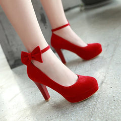 Sweet Butterfly Knot One-Word Band Water Table Ultra High Heel Shallow Round Head Suede Single Shoes W82