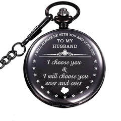 Anniversary Valentines Personalized Gift Engraved Pocket Watch with Chain for Men Husband Boyfriend on Valentines, Christmas, Birthday, Happy Wedding