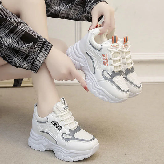 Chunky Sneakers for Women, Spring Casual Shoes with Hidden Wedge Heels and Increased Height, White