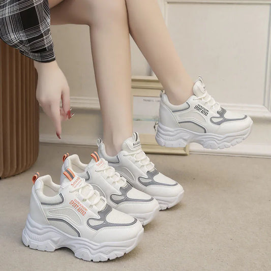 Chunky Sneakers for Women, Spring Casual Shoes with Hidden Wedge Heels and Increased Height, White