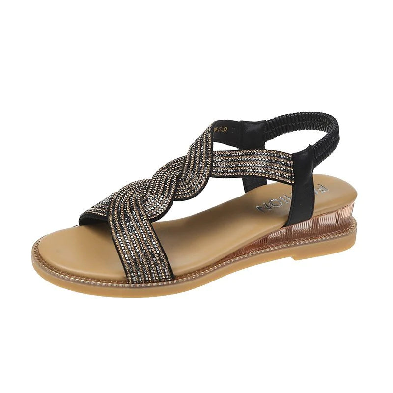 Sandals Female Summer Rhinestone Comfortable With Slope Retro Rome Sandy Beach Beach Shoes