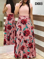 Womens Long Sleeve Maxi Dress Round Neck Floral Print Casual Tunic Long Maxi Dress