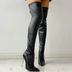 Women's Fashion Knee High Pointed Toe Fall/Winter High Heel Ankle Boots with Metal Zipper and Gold Short Sword Heel