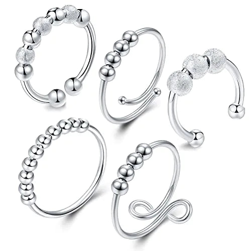 5 Pcs Anxiety Rings for Women, Adjustable Anxiety Ring Open Finger Rings with Beads Stress Reliever Spinner Rings for Women Girls (Silver)