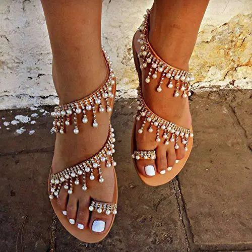 Sytaun Plus Size Women Rhinestone Faux Pearl Tassel Shoes Summer Clip Toe Flat Sandal Fashion Retro Women's Sandals