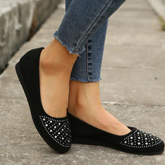 Large size women's shoes with flat mouth, flat bottom, rhinestone, round toe, single shoes for women