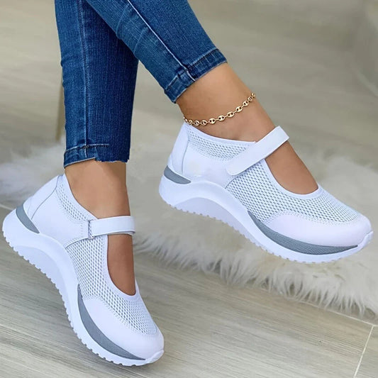 M.O.I Women's Wedge Mesh Hollow Out Casual Shoes, Solid Color Hook And Loop Shoes, Breathable Walking Shoes