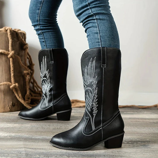 M.O.I Women's Embroidered Solid Color Boots, Square Toe Cowgirl Style Boots, Casual Knee High Shoes