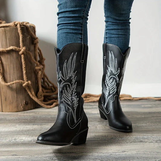 M.O.I Women's Embroidered Solid Color Boots, Square Toe Cowgirl Style Boots, Casual Knee High Shoes