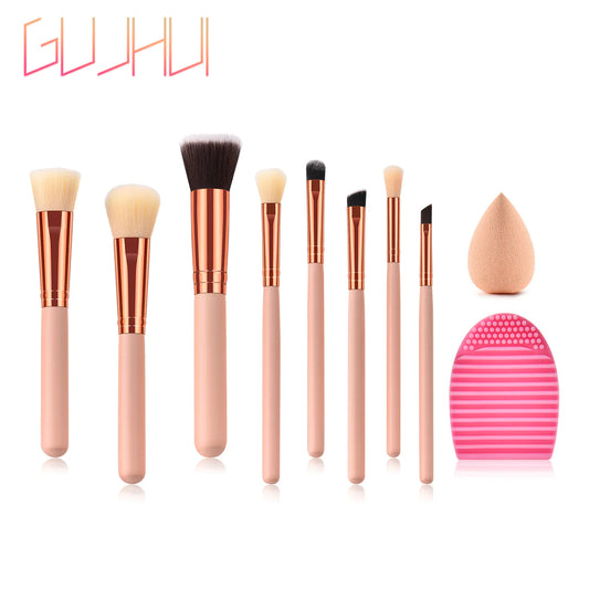 8 Makeup Brushes Beauty Tools Pink Gold Waterdrop Powder Puff Cleaning Egg Set GUJHUI