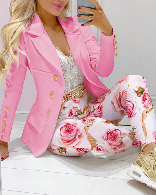 Chic Workwear Synthetic Blend Polyester Fiber Print Suit