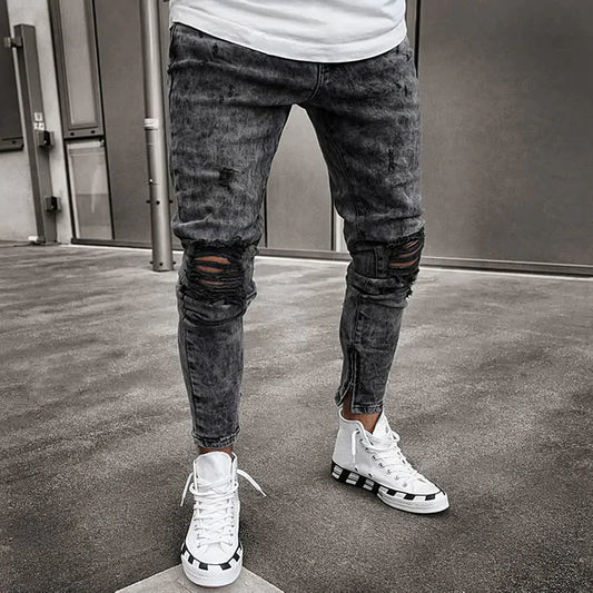 Men's Skinny Jeans Ripped Elastic Tapered Pants