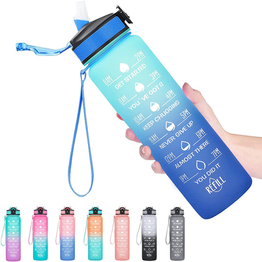 Leakproof, Motivational, Sports Water Bottle, Straw, Time Marker, Flip Top, Durable, BPA Free, Tritan, Non-Toxic, Frosted, Office, School, Gym, Workout