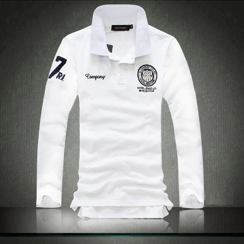 Men's Cotton Blended Embroidered Long Sleeve Polo Shirt