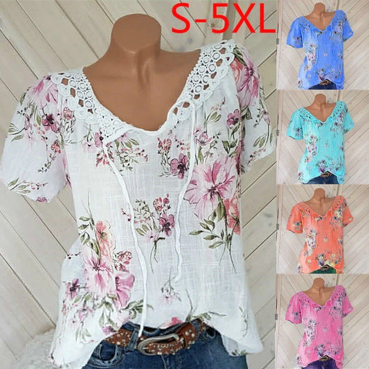 Lace Flower Lace Print Short-sleeved T-shirt Plus Size