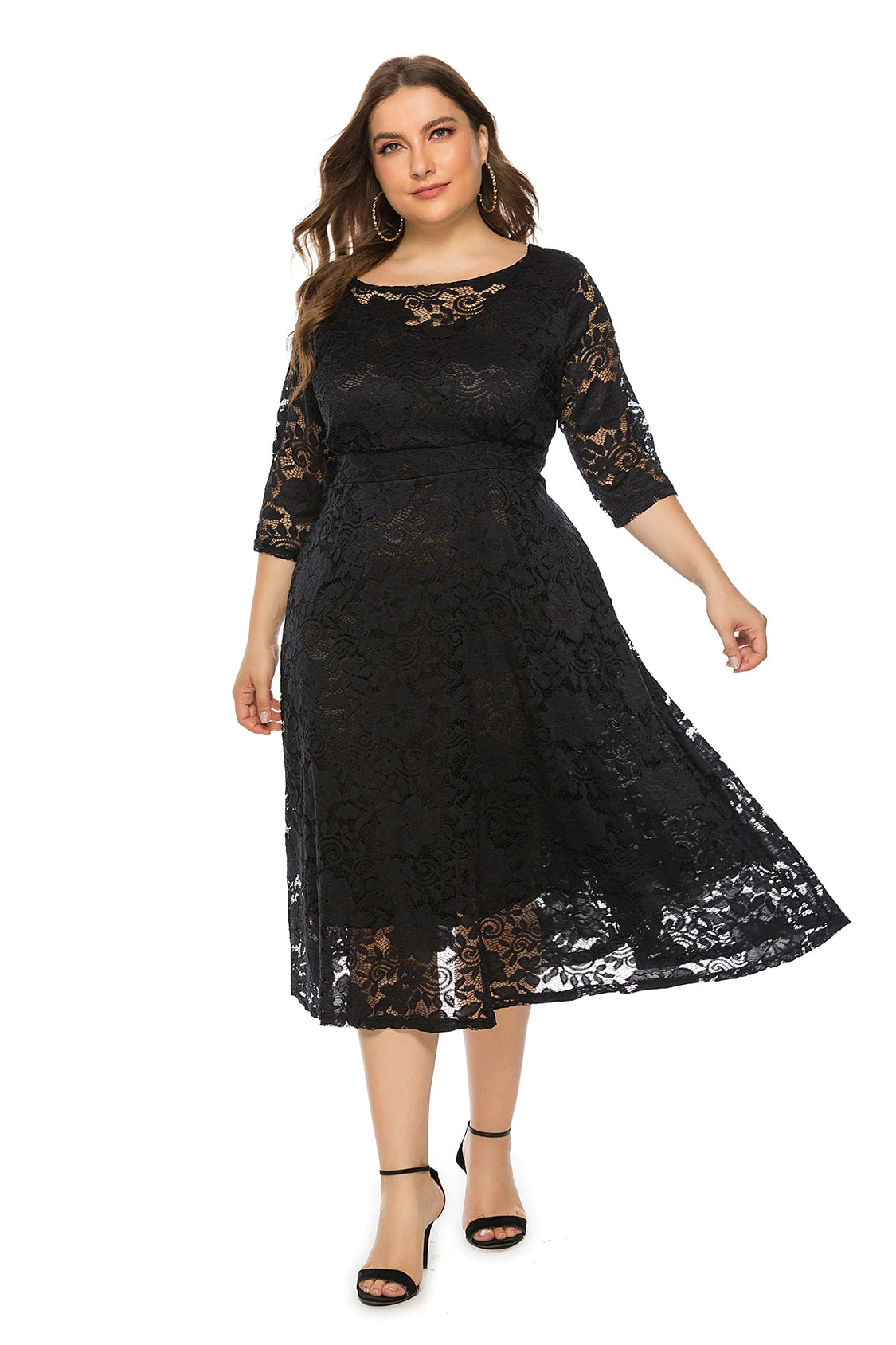 Large size evening dress mid-length dress hollow lace pocket dress