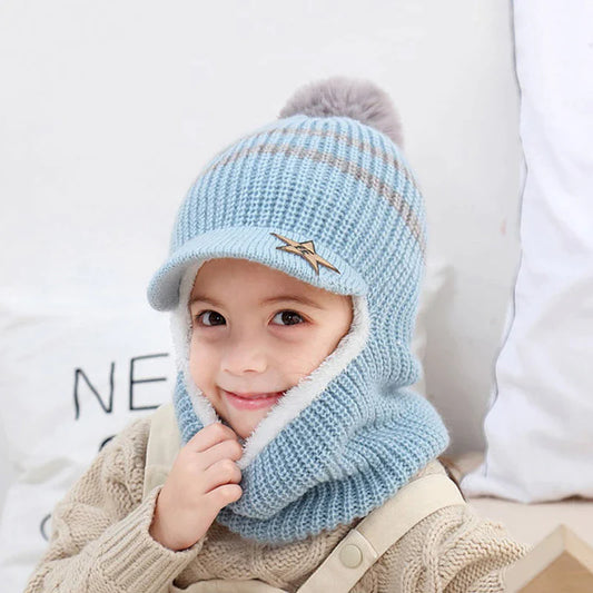 Thick Knitted Acrylic Winter Beanie Hats For Kids Child Outdoor Warm Balaclava Cap Girls Boys Bib Mask Face Cover Hairball Hat