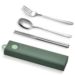 Set di posate in acciaio inossidabile con scatola d'argento, forchetta, cucchiaio, bacchette, set di stoviglie da viaggio portatili, set di stoviglie