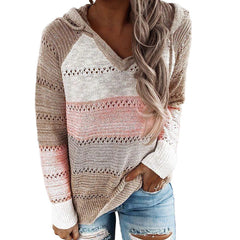 Autumn Leisure time Mosaic Hooded long-sleeved knitting sweater Set head Pullovers
