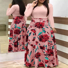Womens Long Sleeve Maxi Dress Round Neck Floral Print Casual Tunic Long Maxi Dress