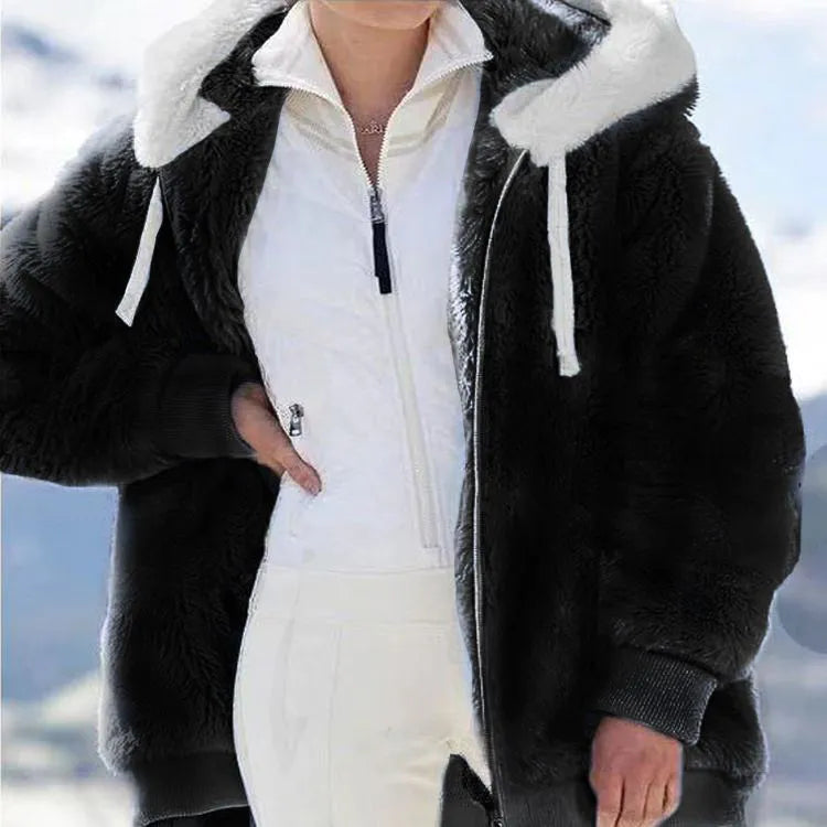 Plush Zipper Hooded Jacket Loose And Casual Warm Coat