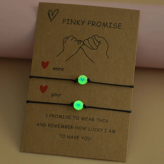 2Pcs/Set Couple Matching Bracelet Pinky Promise Bracelets Friend Luminous Heart Bead Adjustable Rope Valentine's Day Gift