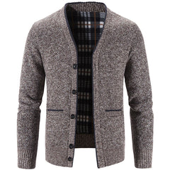 Men's V-neck thickened velvet warm buttoned knitted jacket
