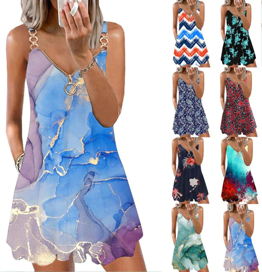 Fashion Print Flower Zipper Plus Size Loose-fit Sleeveless Camisole Dress