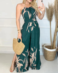Women Fashion Elegant Sleeveless Partywear Jumpsuits Overalls Formal Party Romper Print Halter Slit Wide-legs Party Jumpsuit