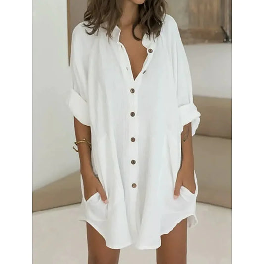 Autumn and Winter Casual Loose Single-breasted Shirt Skirt Fashion Simple Plain 3/4-sleeve Straight Cut