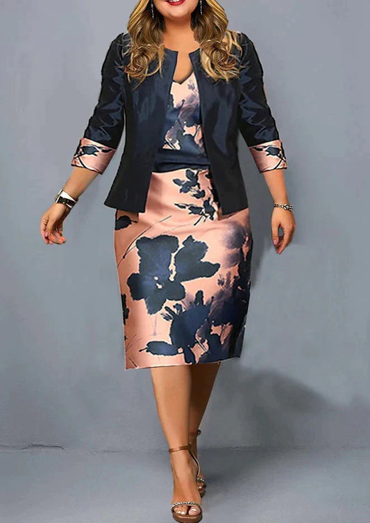 Knitted Polyester Fiber V-Neck Print Midi Skirt Set