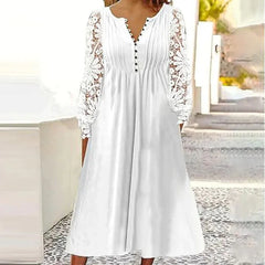 Lace-trimmed Sleeve Pressed Pleated Solid Color Dress
