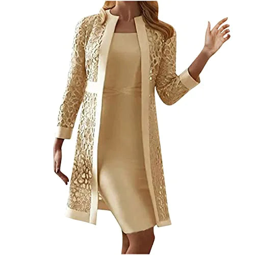 AMhomely Womens Elegant Dress Suits Mother of The Bride Dresses Cardigans Set Summer Tank Dress with Long Sleeve Jackets Sets Casual Elegant Wedding Guest Party Cocktail Dresses Sets