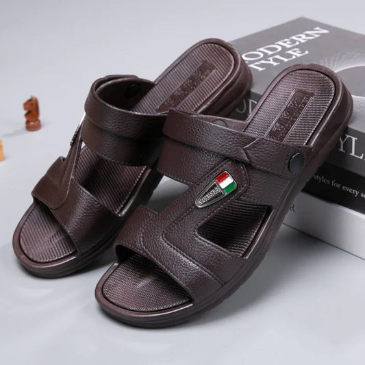 A pair of Vietnamese rubber men's sandals and slippers, dual-use for summer, with thick anti-slip soles for driving and beach wear.