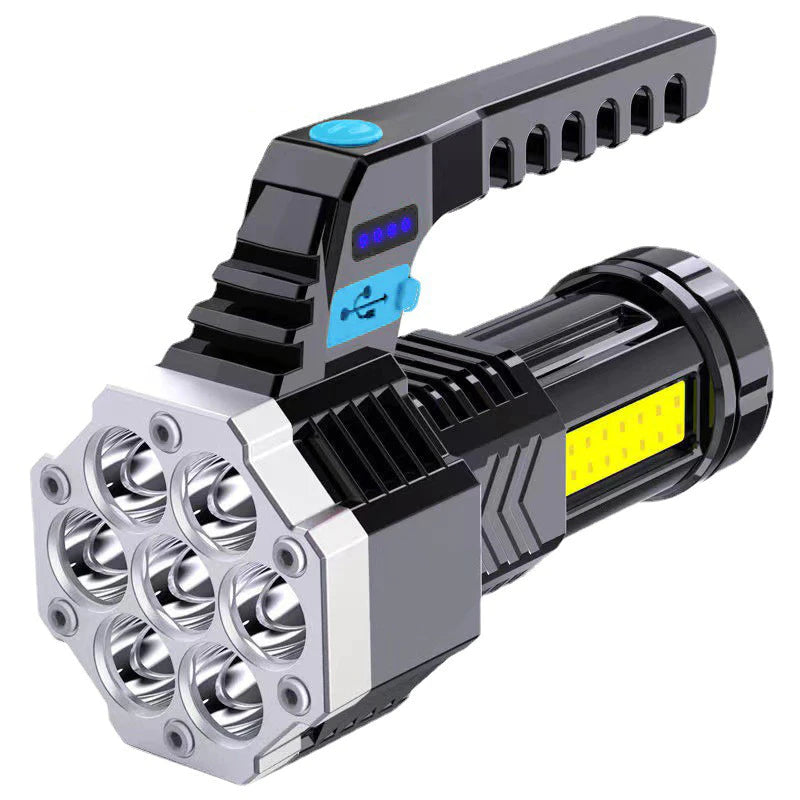 Hochleistungs-LED-Taschenlampe, leistungsstarke wiederaufladbare USB-Taschenlampe, tragbare Hand-Außenlampe, eingebaute Batterie, COB 7 LED-Taschenlampen