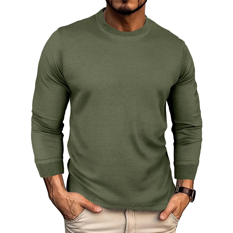 Men's Loose Round Neck Long Sleeve Waffle Basic T-shirt