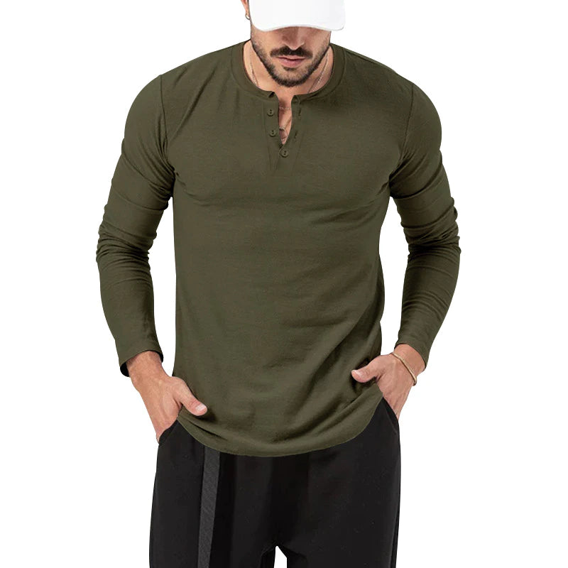 Men's Solid Color Long Sleeve Button T-Shirt