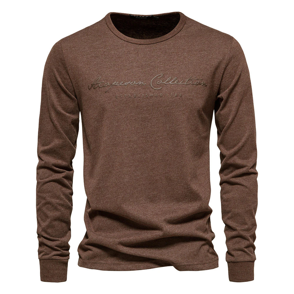 Men's Solid Color Casual Sports Round Neck Cotton Letter Printed Long Sleeve T-shirt