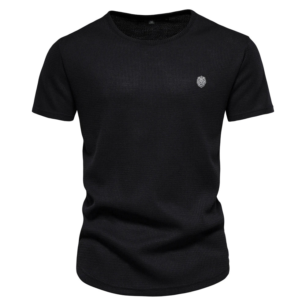 Men's Fashion Casual Solid Color Multi-Button Round Neck Short Sleeve Black T-Shirt
