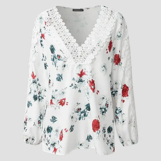 Year independent station V-neck lace spliced top printed long-sleeved shirt female