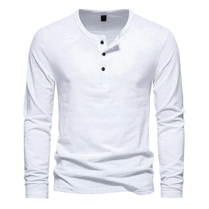 Solid Color Men's T-shirt Men's Bottoming Shirt Three-button Henley Neck Men's Long Sleeve T-shirt Top