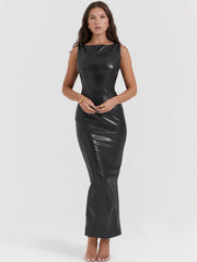 Women's Sexy PU Leather Sleeveless Tank Top Slit Skinny Hip Dress
