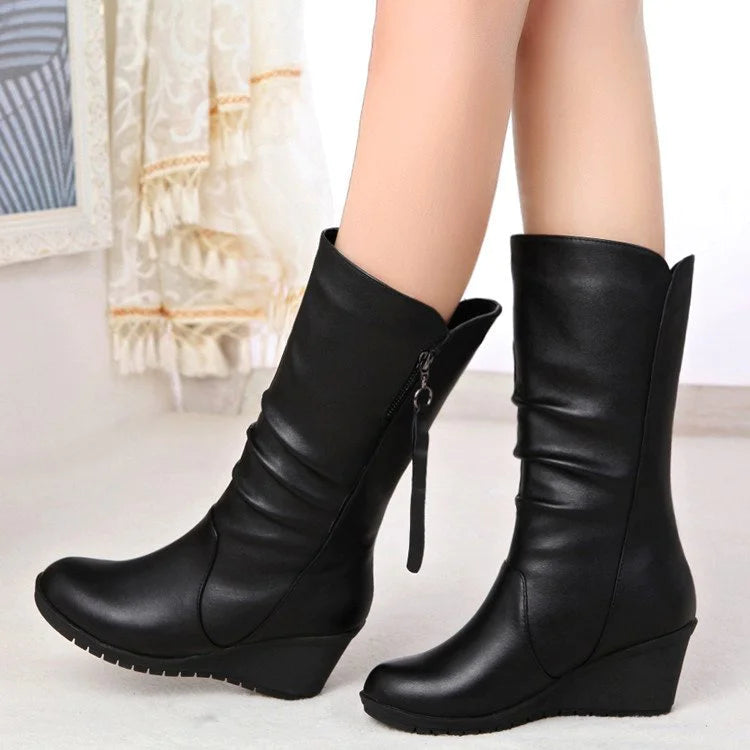 Women's Wedge Platform Mid Calf Plain Comfortable Casual Versatile Boots