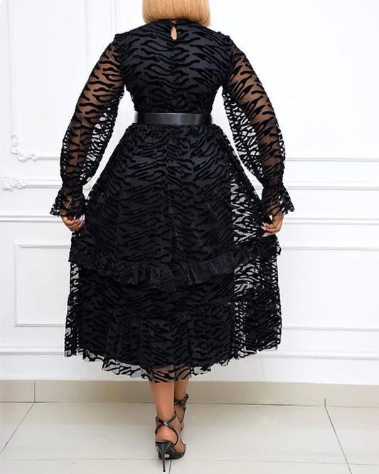 Gauze Flocked Elegant Big Skirt With Fungus Plus Size Dress Black Round Neck Pullover